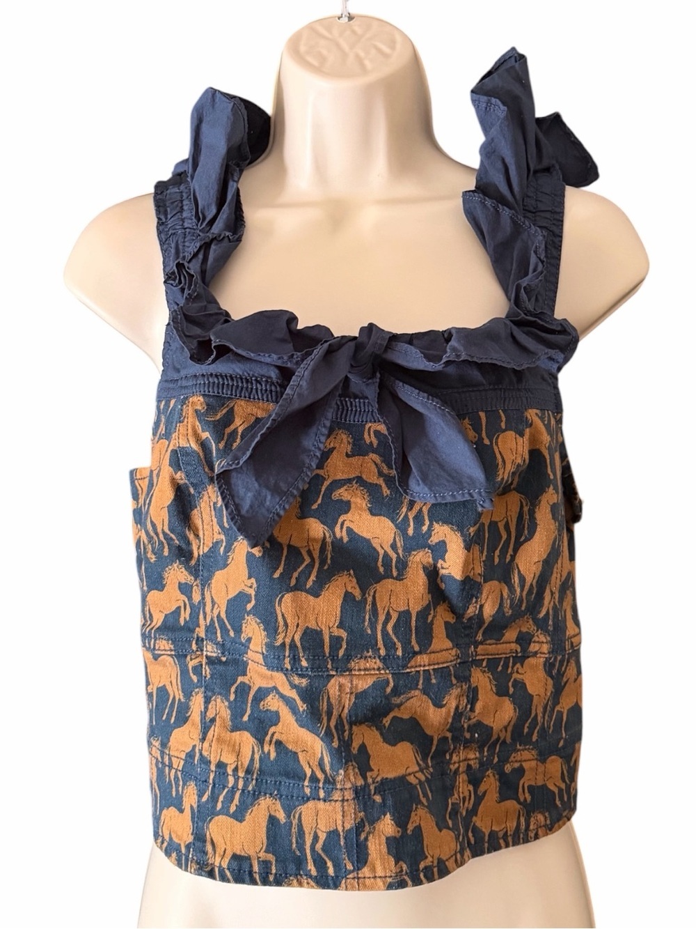 Maeve Anthropologie Navy Tan Equestrian Horse-Print Ruffle Strap Tank Medium